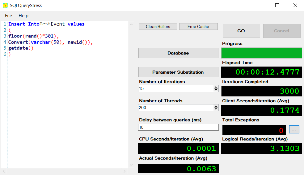 SQLQueryStress UI showing baseline performance for inserting into table.